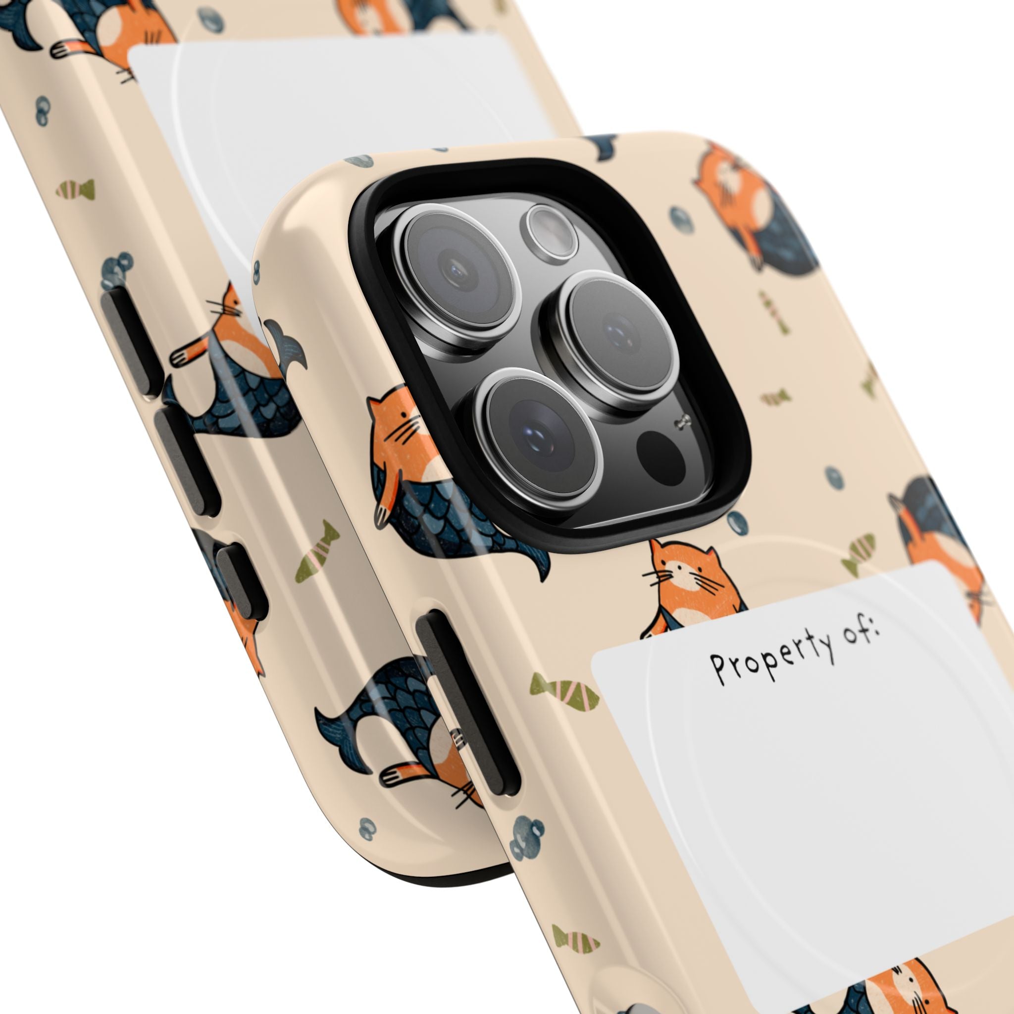 Mag Safe Cat Mermaid Pattern Tough Magnetic Phone Case "Property of" Label