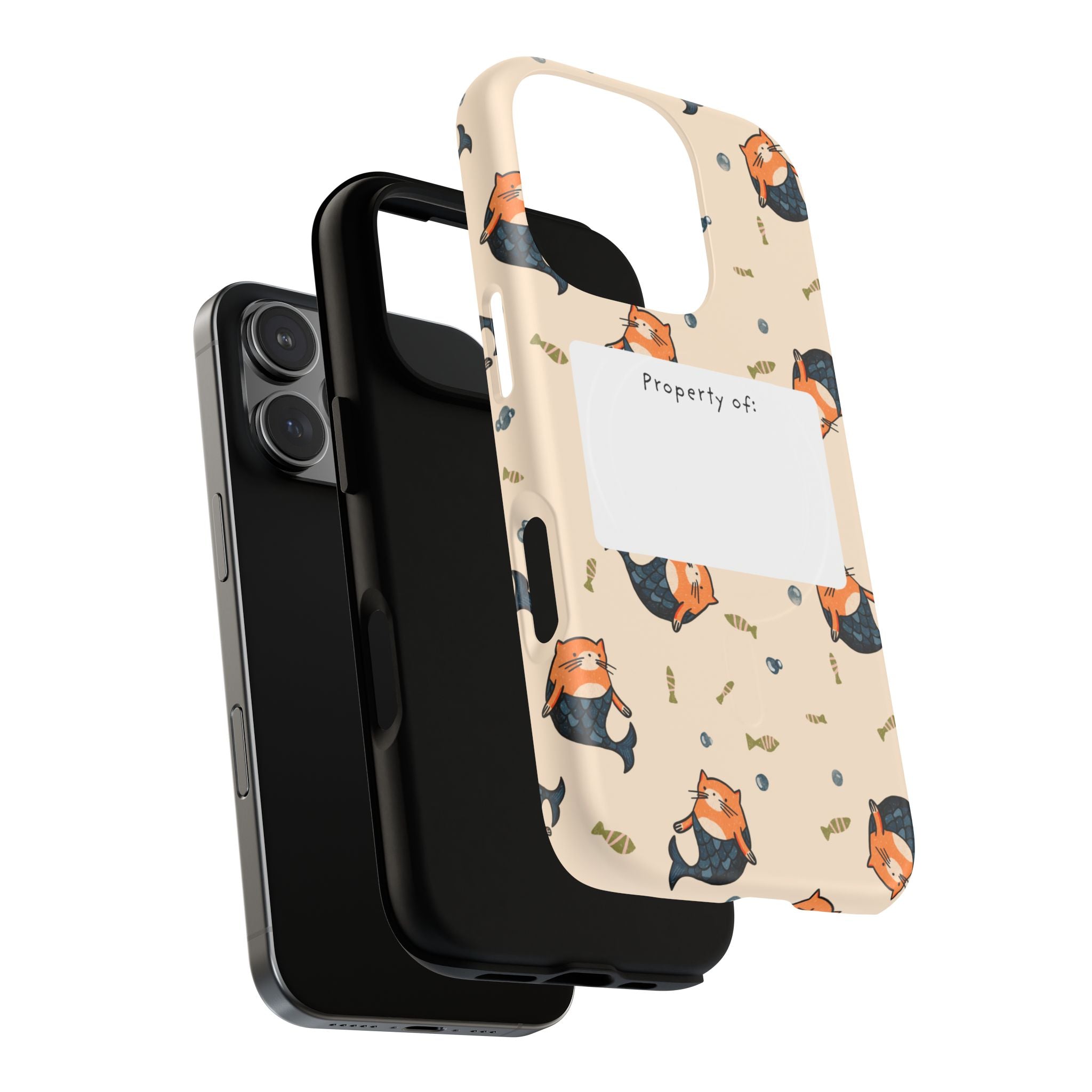 Mag Safe Cat Mermaid Pattern Tough Magnetic Phone Case "Property of" Label