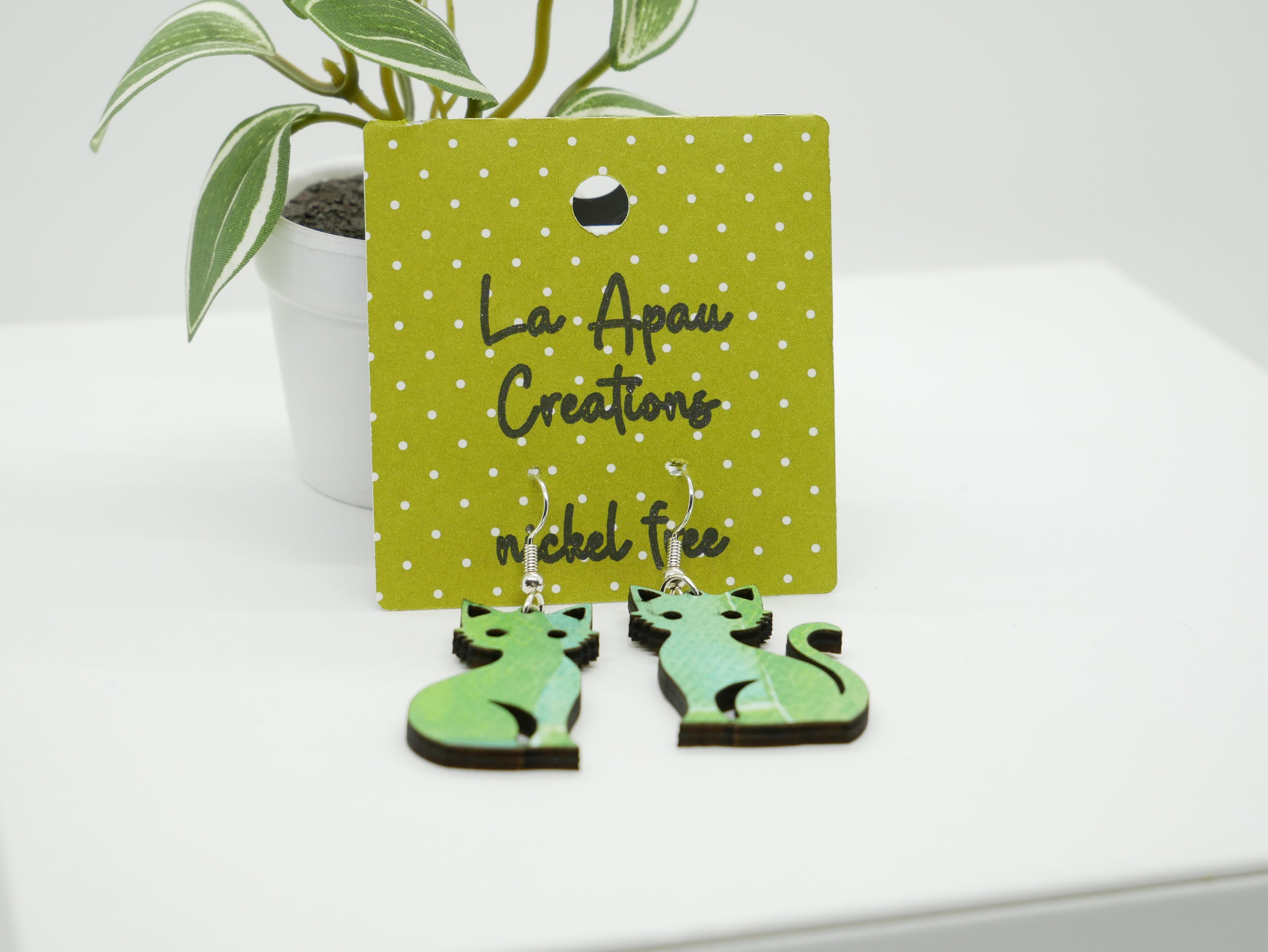 Mismatched Cat Earrings, Laser Cut Handmade Jewelry, Blue Green Decoupage Statement Earrings