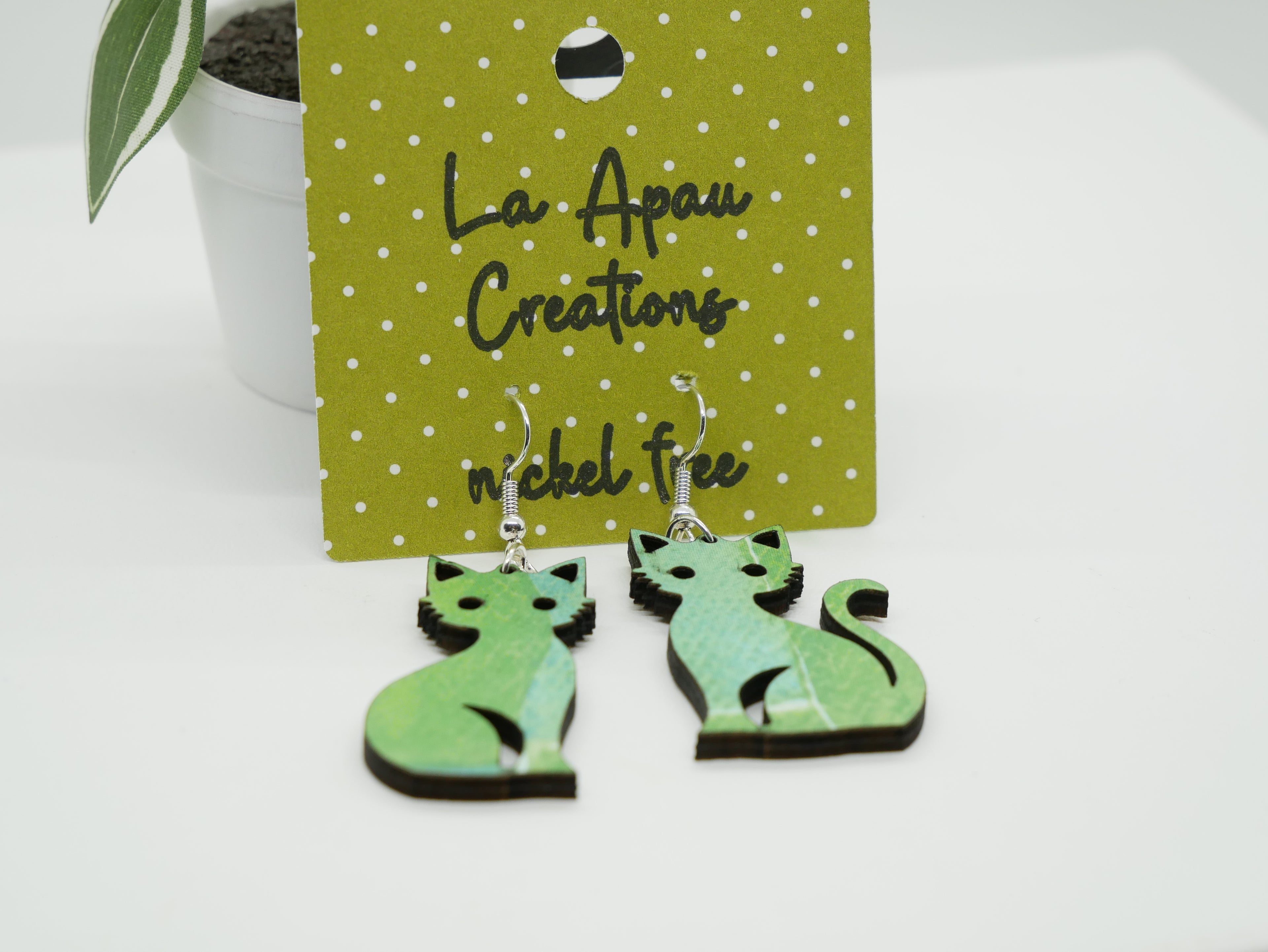 Mismatched Cat Earrings, Laser Cut Handmade Jewelry, Blue Green Decoupage Statement Earrings