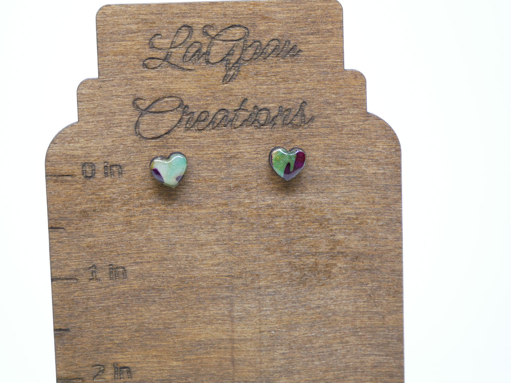 Batik Stud Earrings, Laser Cut Handmade Jewelry, Resin Coated Hypoallergenic Posts, Heart Diamond Round Shapes