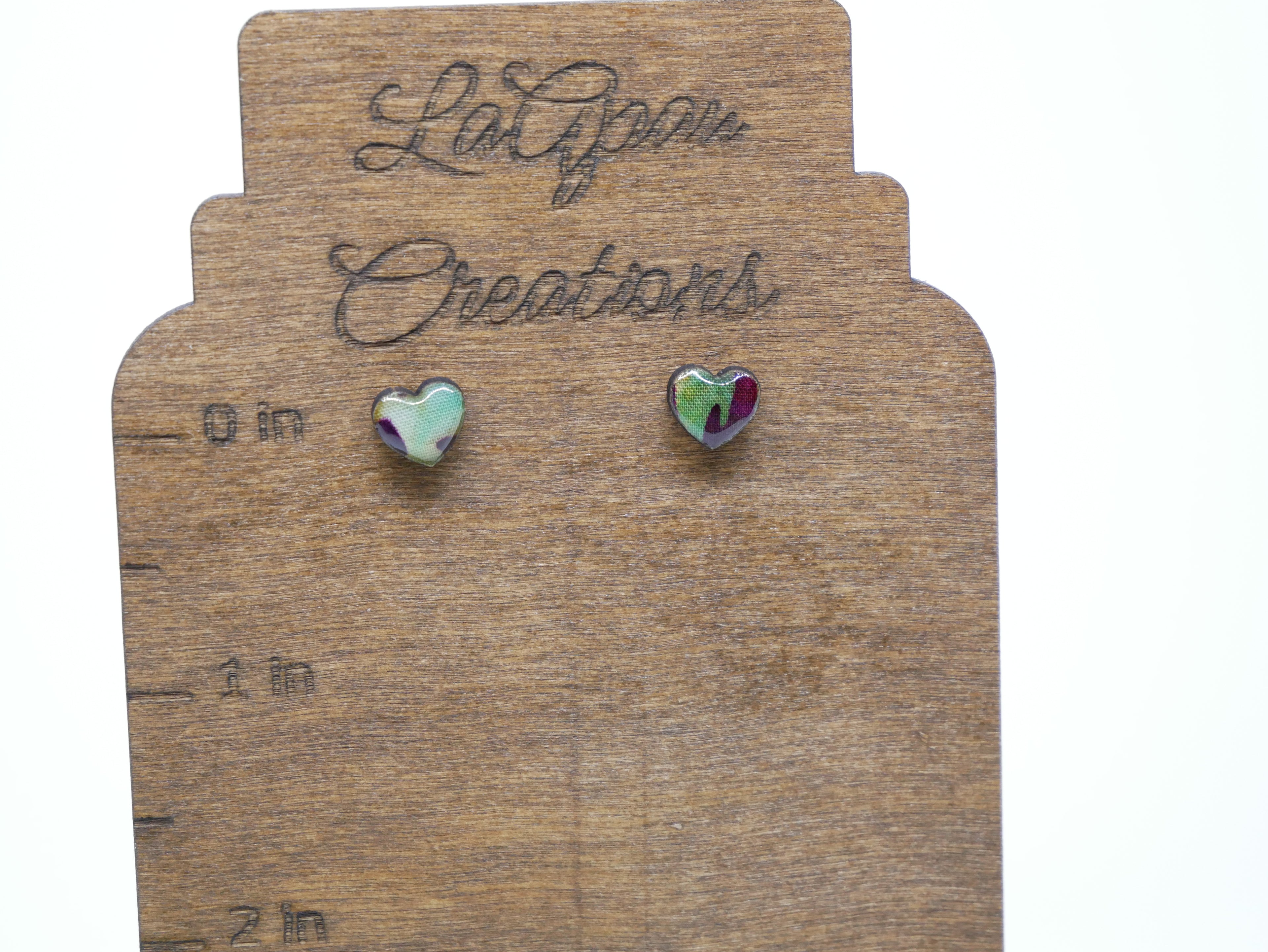 Batik Stud Earrings, Laser Cut Handmade Jewelry, Resin Coated Hypoallergenic Posts, Heart Diamond Round Shapes