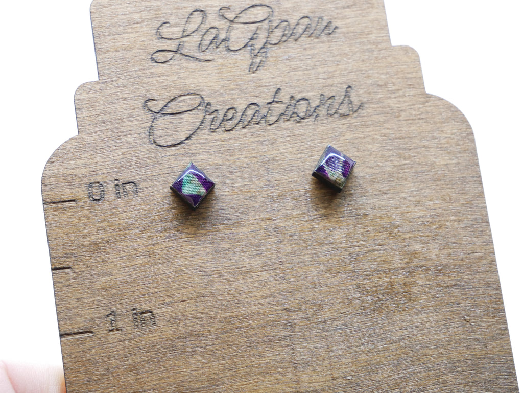Batik Stud Earrings, Laser Cut Handmade Jewelry, Resin Coated Hypoallergenic Posts, Heart Diamond Round Shapes