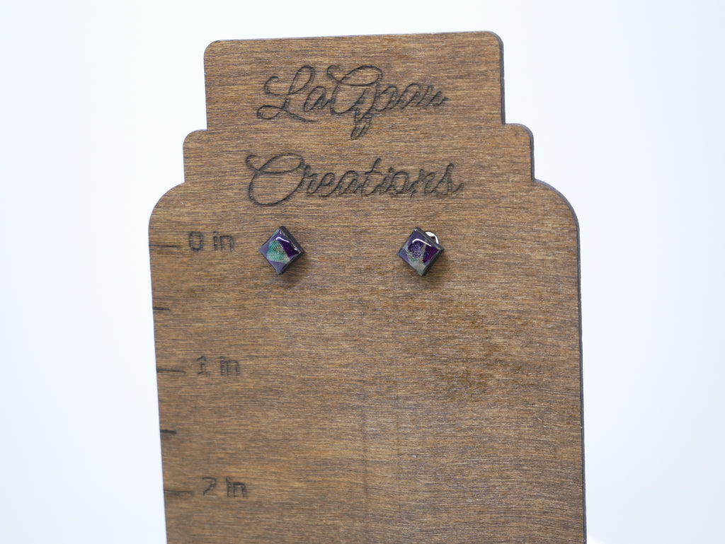 Batik Stud Earrings, Laser Cut Handmade Jewelry, Resin Coated Hypoallergenic Posts, Heart Diamond Round Shapes