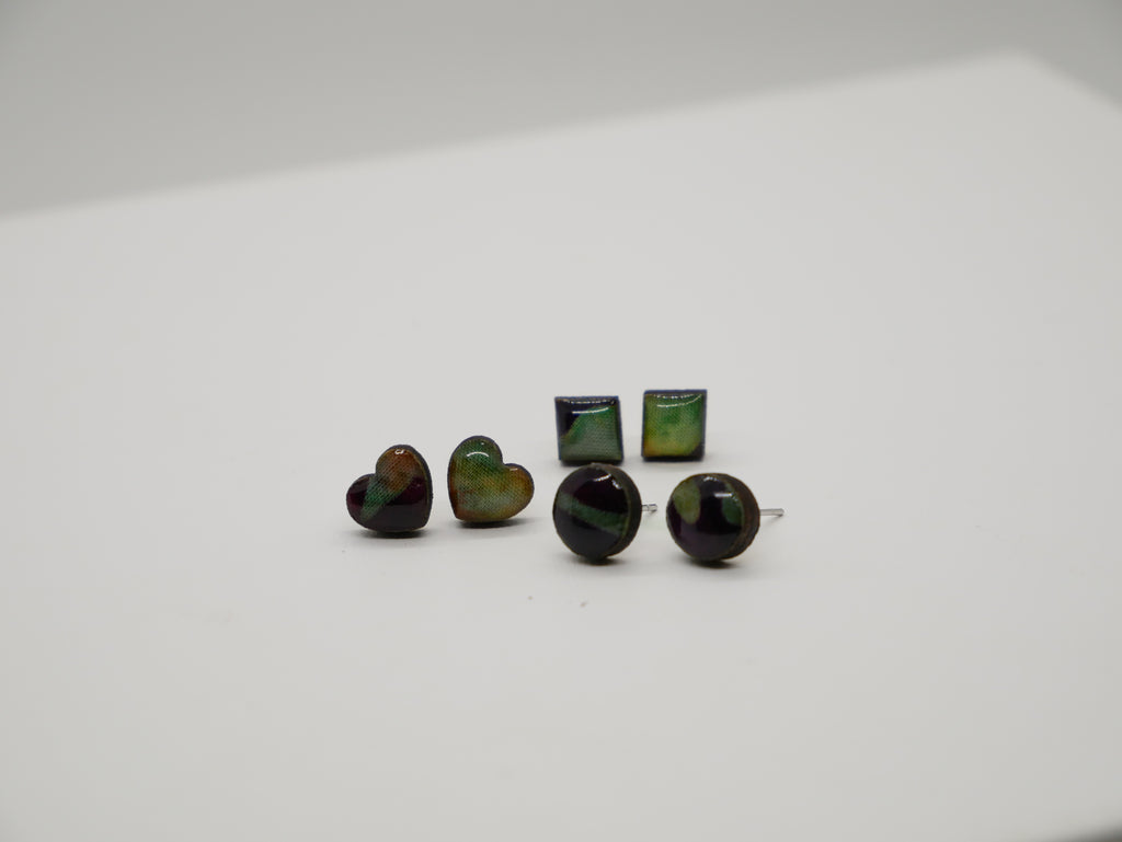 Batik Stud Earrings, Laser Cut Handmade Jewelry, Resin Coated Hypoallergenic Posts, Heart Diamond Round Shapes