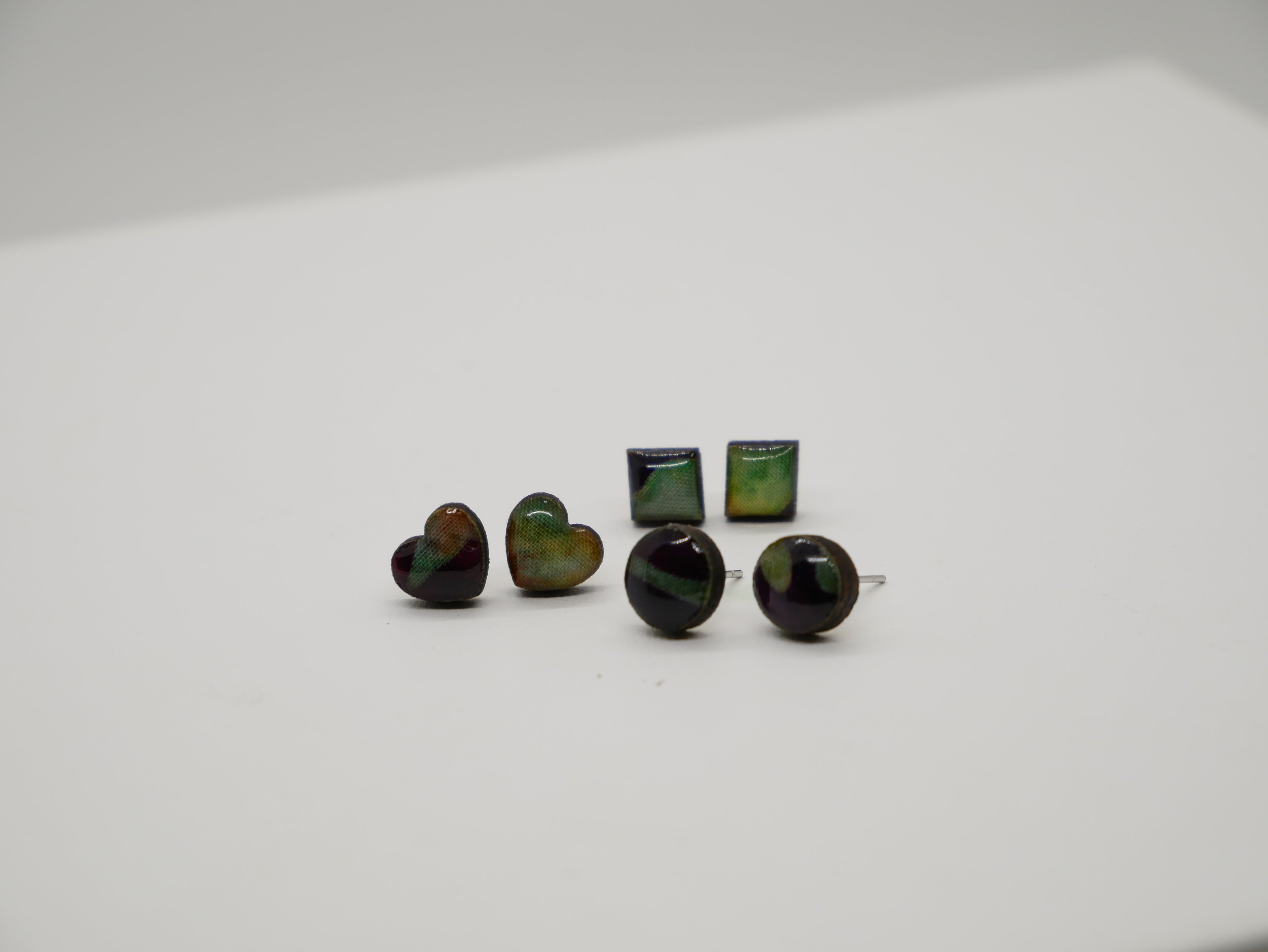 Batik Stud Earrings, Laser Cut Handmade Jewelry, Resin Coated Hypoallergenic Posts, Heart Diamond Round Shapes