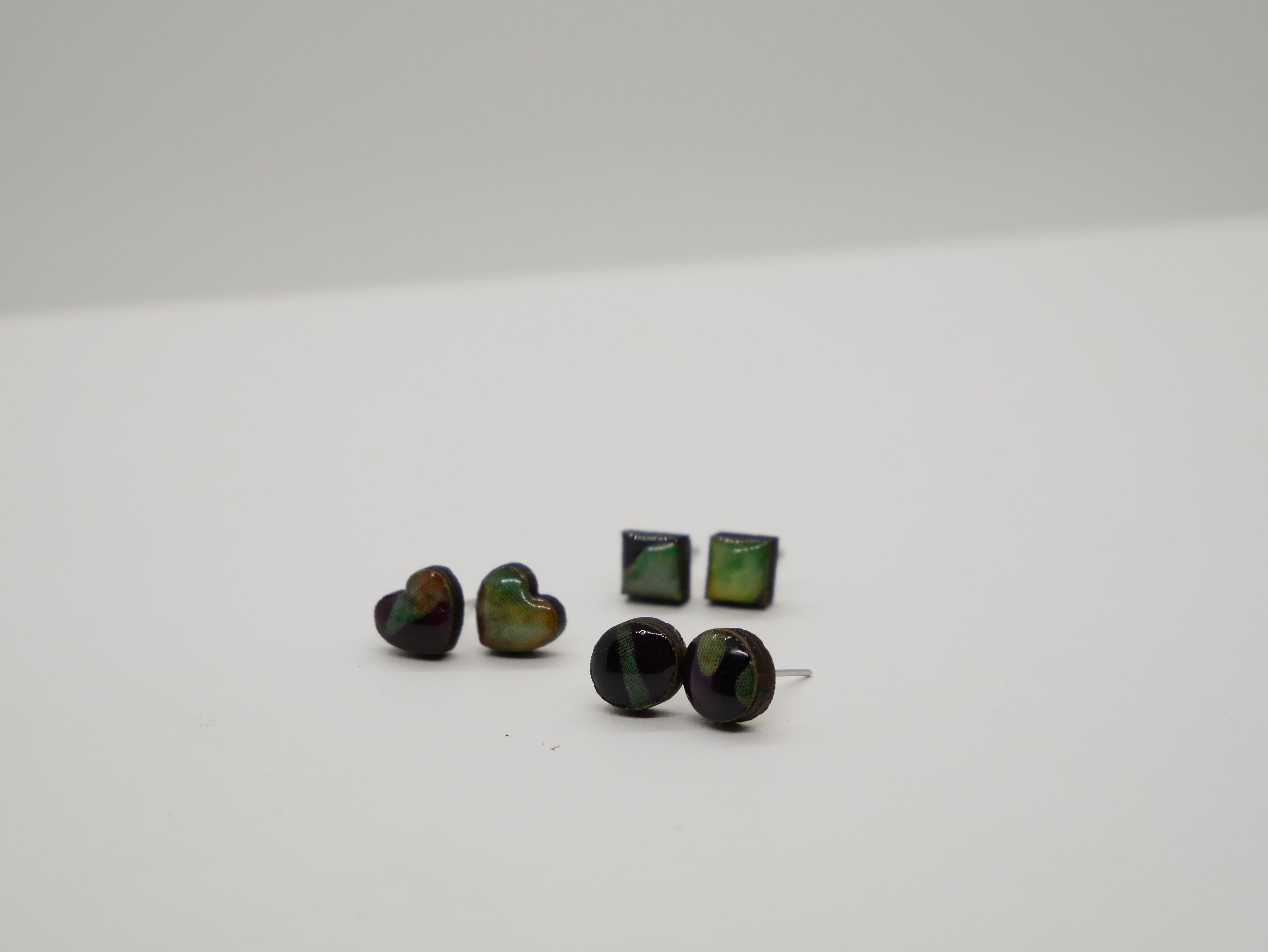 Batik Stud Earrings, Laser Cut Handmade Jewelry, Resin Coated Hypoallergenic Posts, Heart Diamond Round Shapes