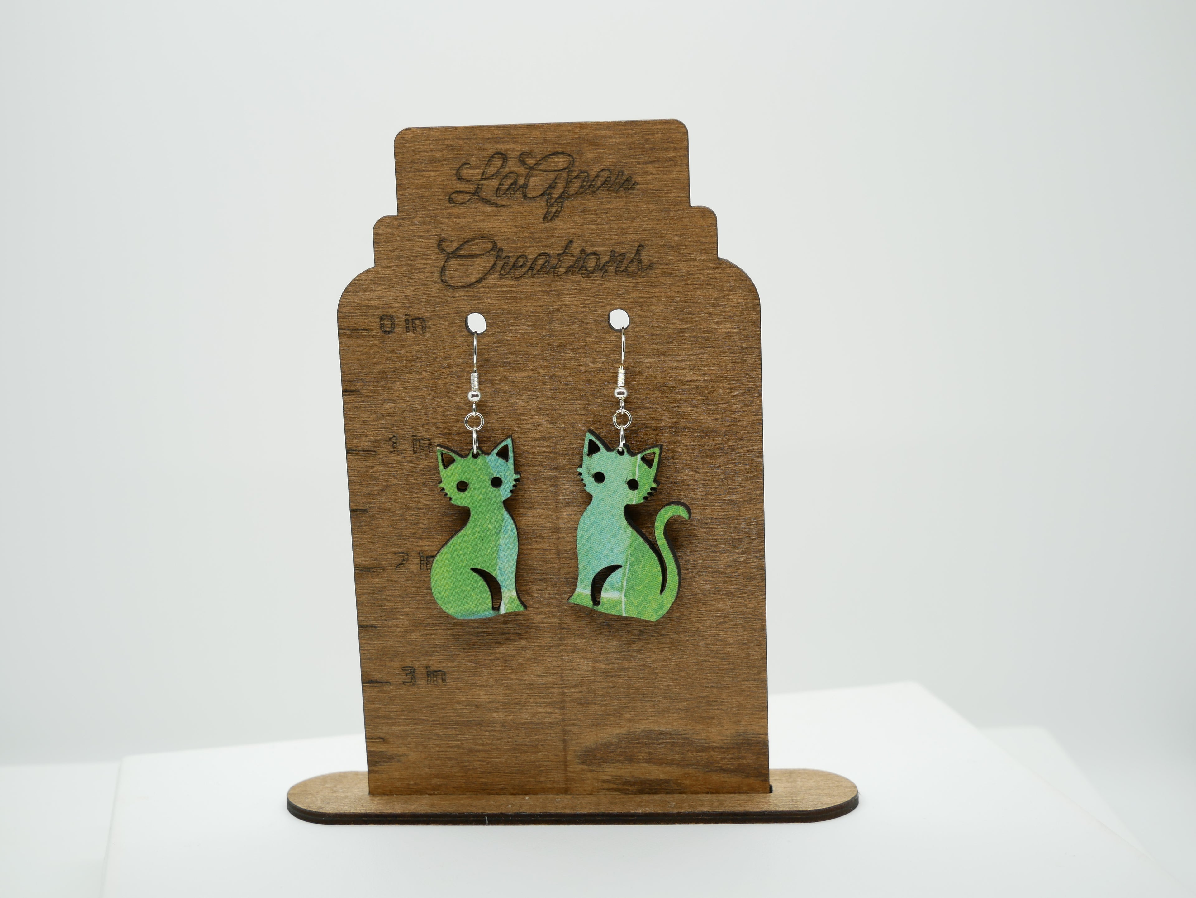 Mismatched Cat Earrings, Laser Cut Handmade Jewelry, Blue Green Decoupage Statement Earrings