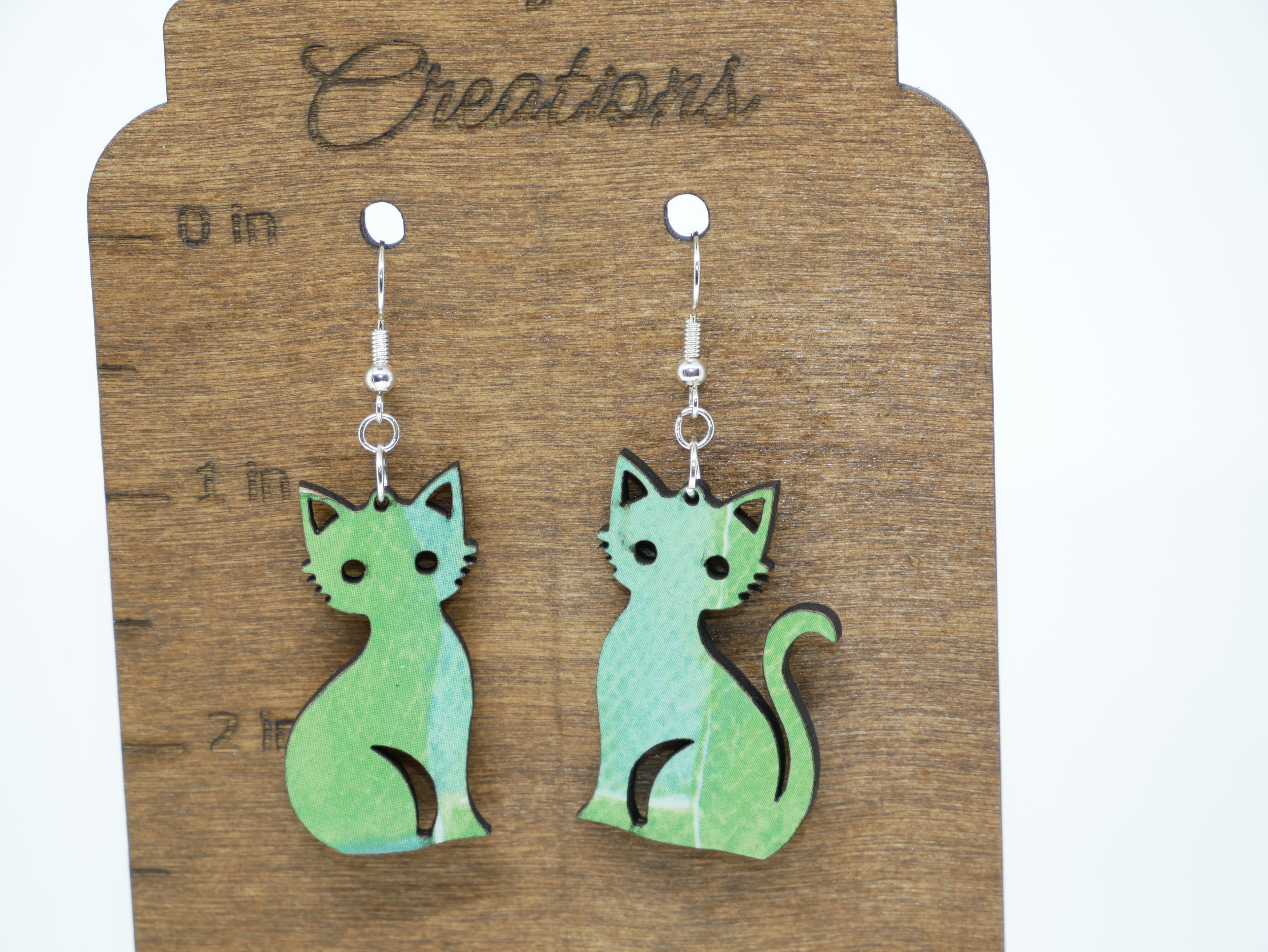 Mismatched Cat Earrings, Laser Cut Handmade Jewelry, Blue Green Decoupage Statement Earrings