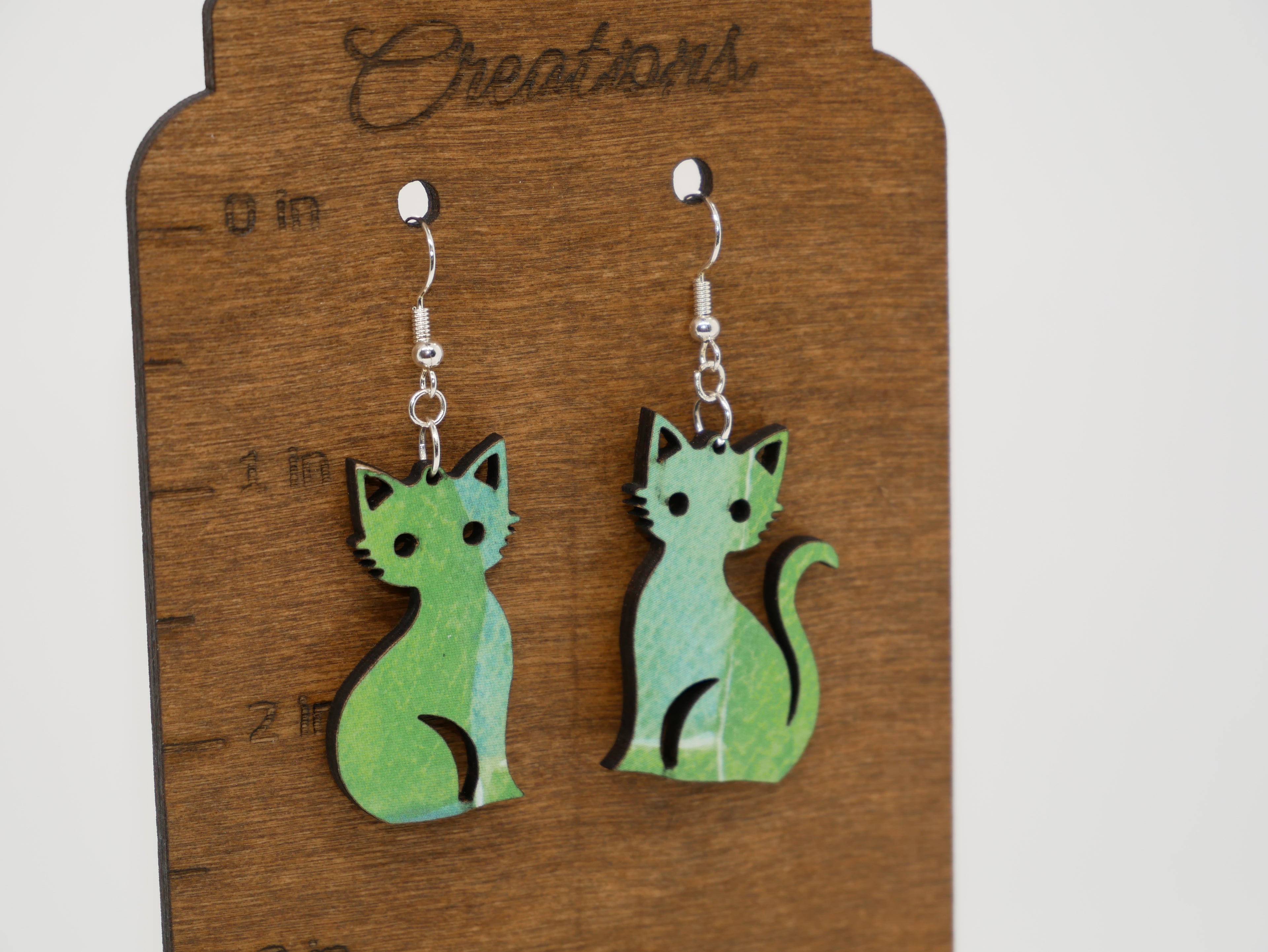 Mismatched Cat Earrings, Laser Cut Handmade Jewelry, Blue Green Decoupage Statement Earrings