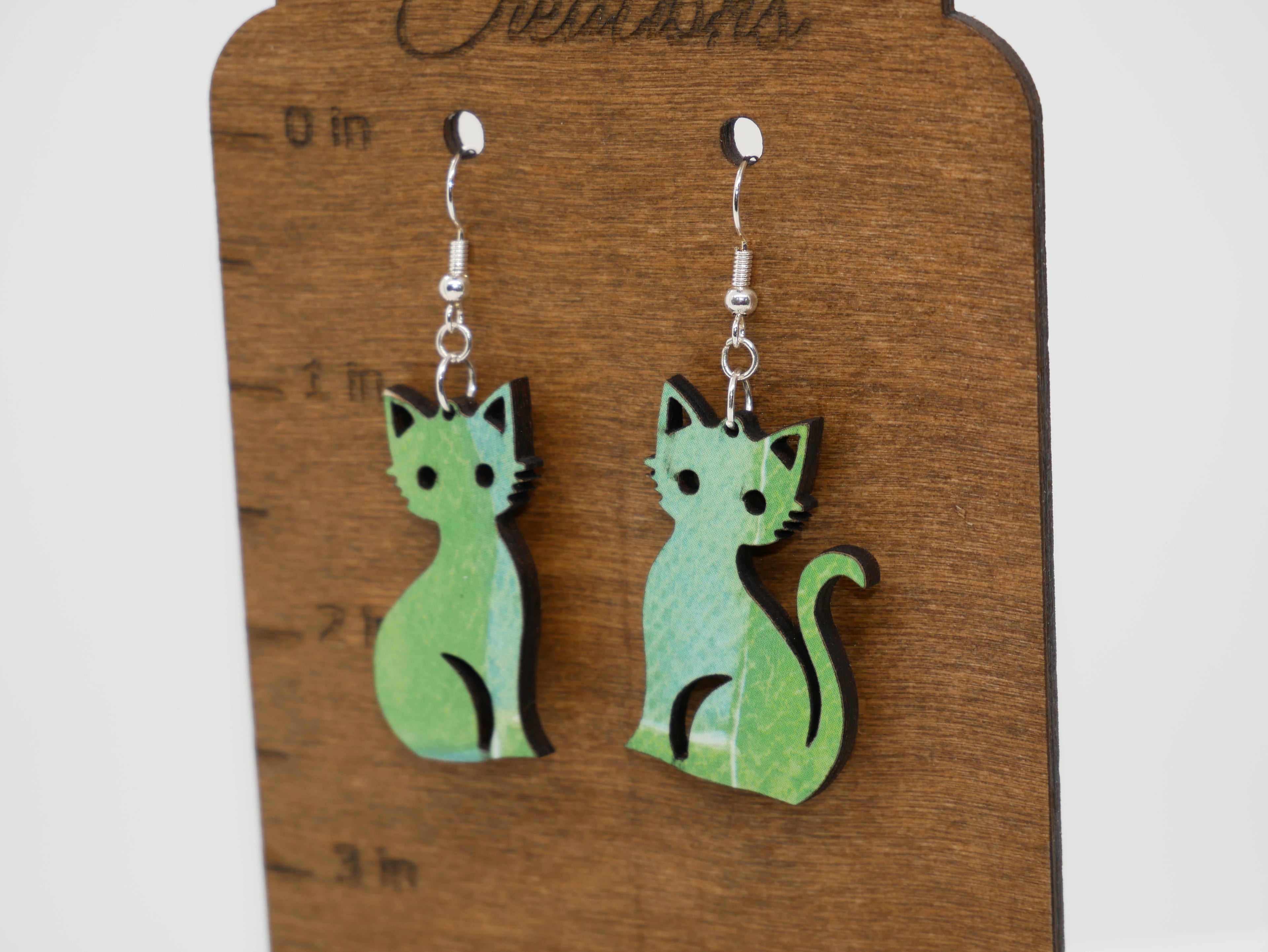 Mismatched Cat Earrings, Laser Cut Handmade Jewelry, Blue Green Decoupage Statement Earrings