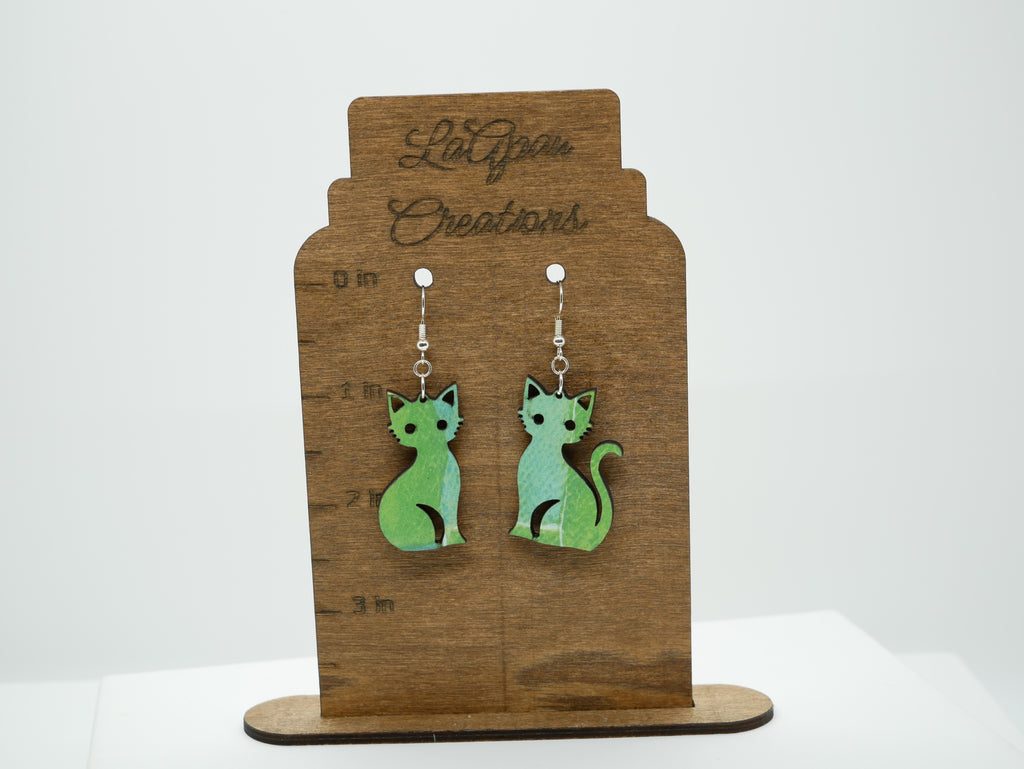 Mismatched Cat Earrings, Laser Cut Handmade Jewelry, Blue Green Decoupage Statement Earrings