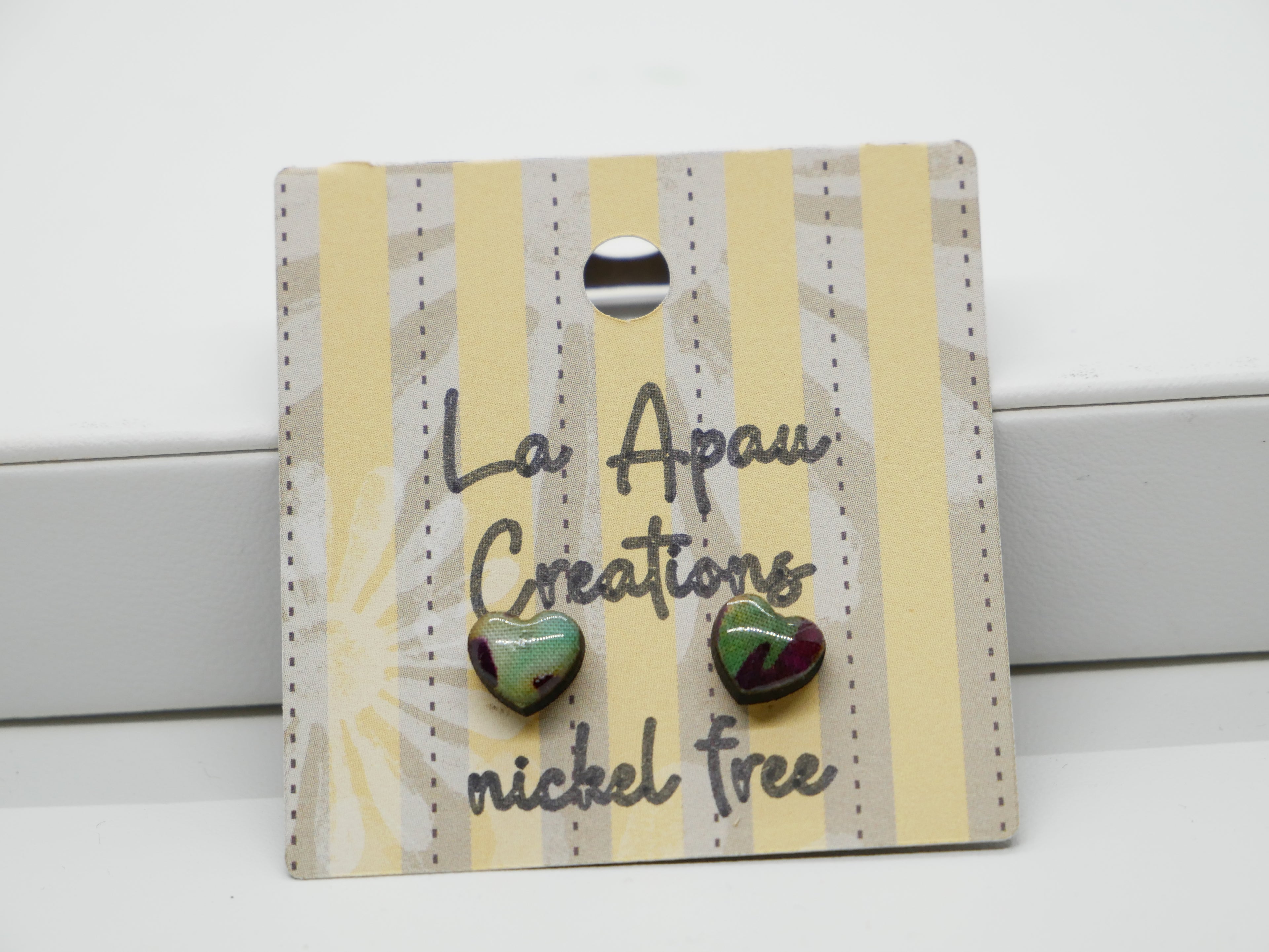 Batik Stud Earrings, Laser Cut Handmade Jewelry, Resin Coated Hypoallergenic Posts, Heart Diamond Round Shapes