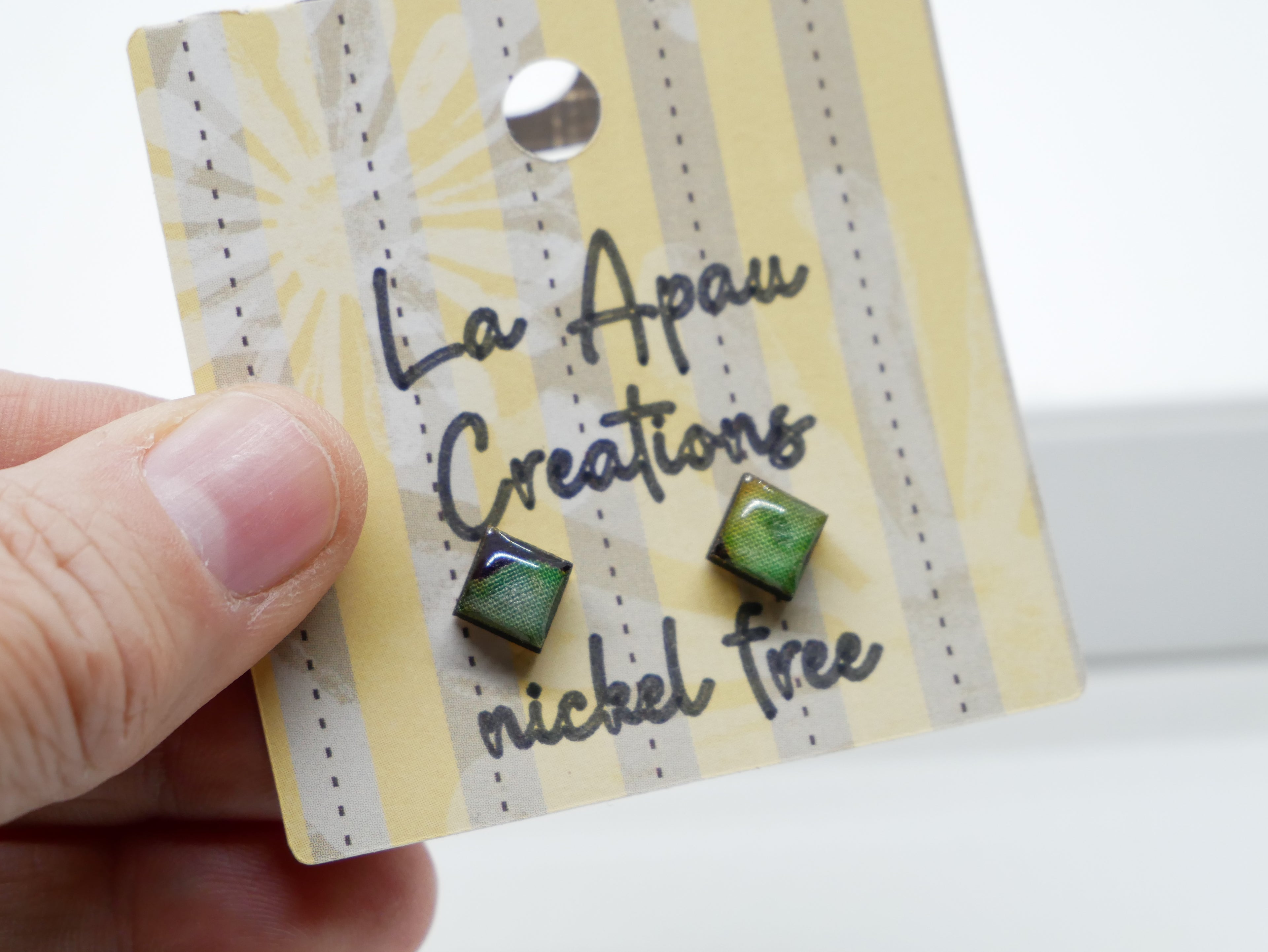 Batik Stud Earrings, Laser Cut Handmade Jewelry, Resin Coated Hypoallergenic Posts, Heart Diamond Round Shapes