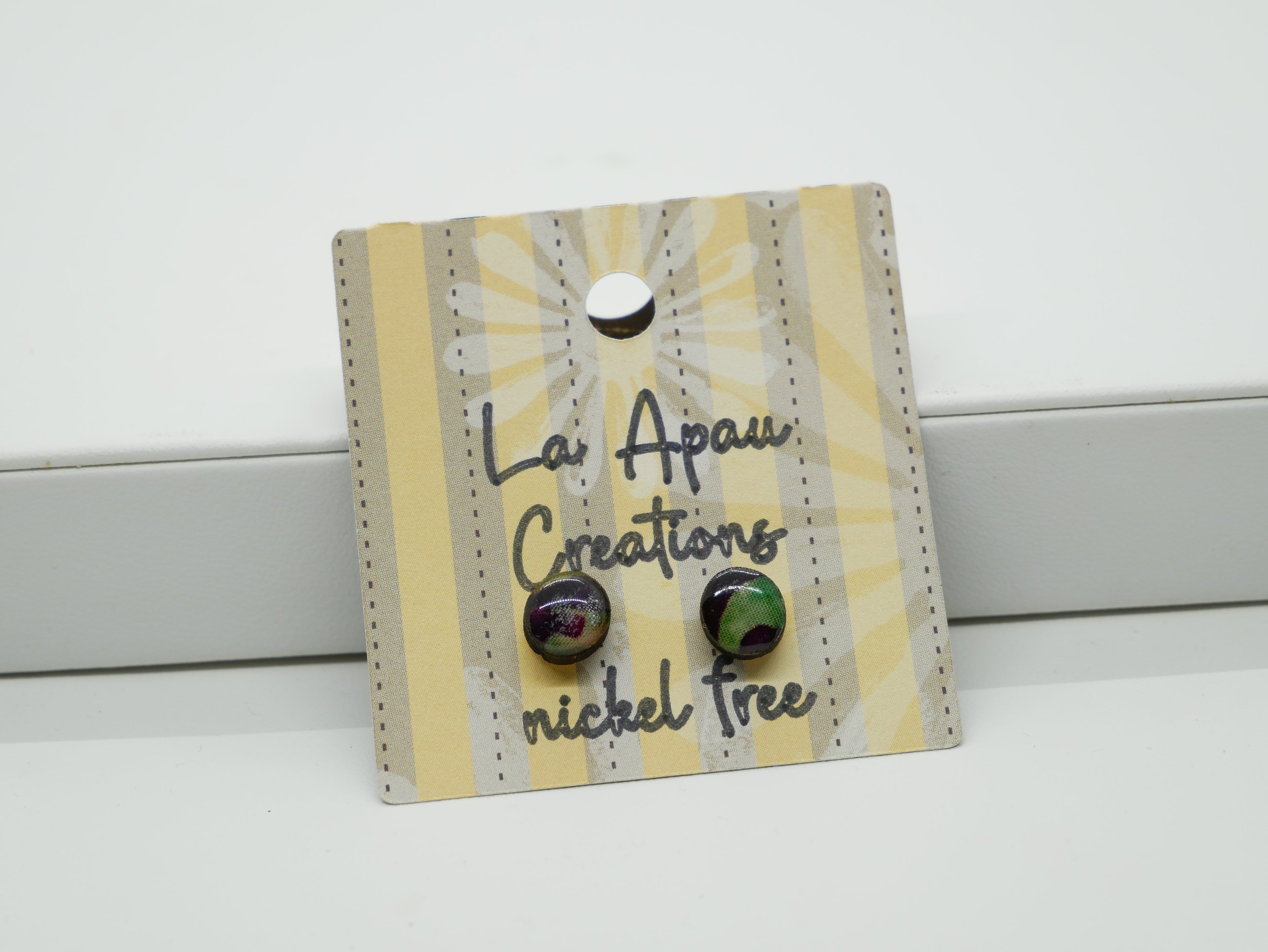 Batik Stud Earrings, Laser Cut Handmade Jewelry, Resin Coated Hypoallergenic Posts, Heart Diamond Round Shapes