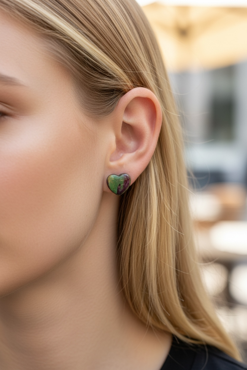 Batik Stud Earrings, Laser Cut Handmade Jewelry, Resin Coated Hypoallergenic Posts, Heart Diamond Round Shapes