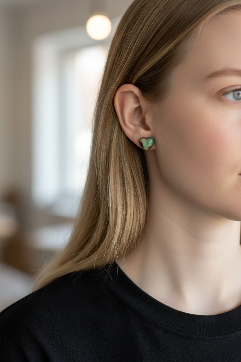 Batik Stud Earrings, Laser Cut Handmade Jewelry, Resin Coated Hypoallergenic Posts, Heart Diamond Round Shapes