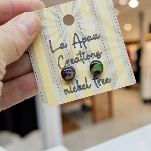 Batik Stud Earrings, Laser Cut Handmade Jewelry, Resin Coated Hypoallergenic Posts, Heart Diamond Round Shapes