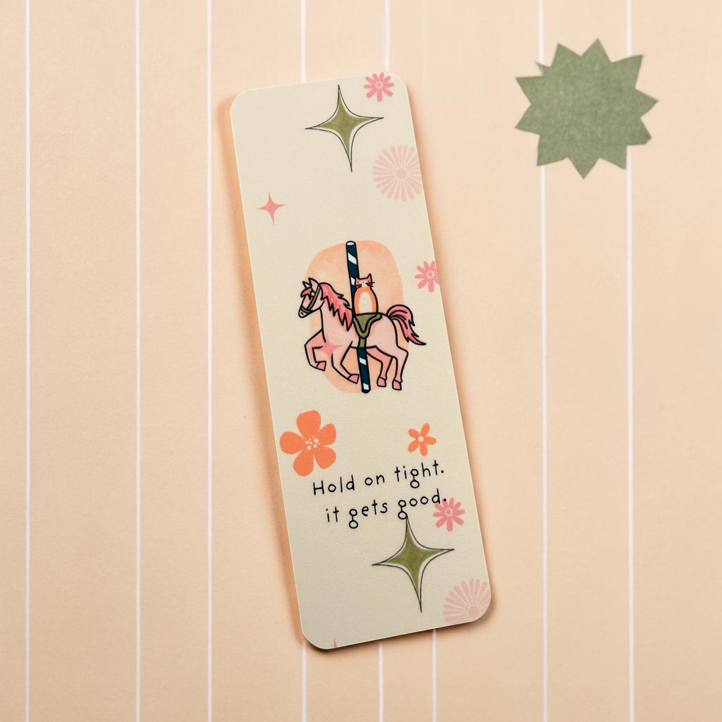 Carousel Cat Bookmark – “Hold On Tight, It Gets Good” – Cute Reading Bookmark