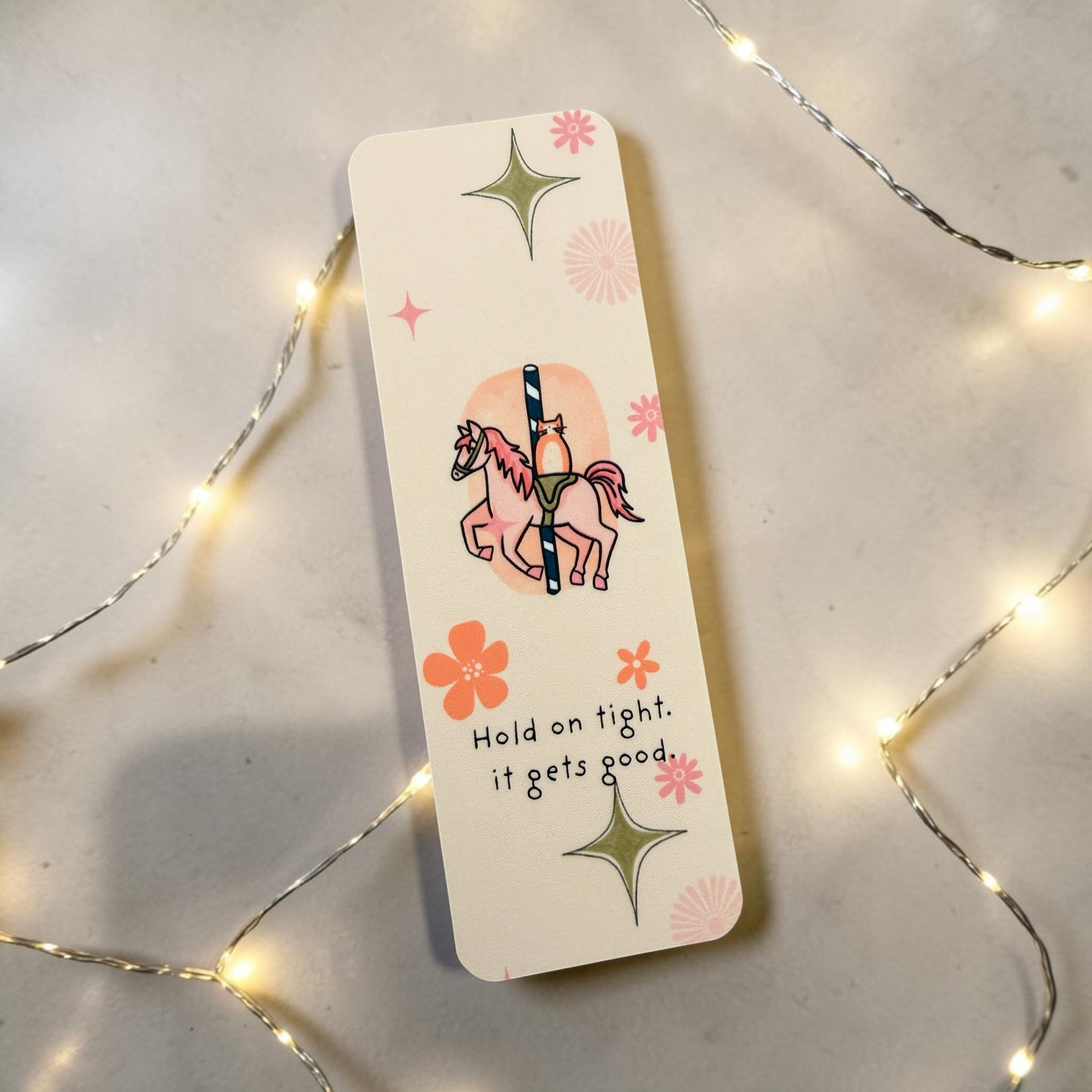 Carousel Cat Bookmark – “Hold On Tight, It Gets Good” – Cute Reading Bookmark
