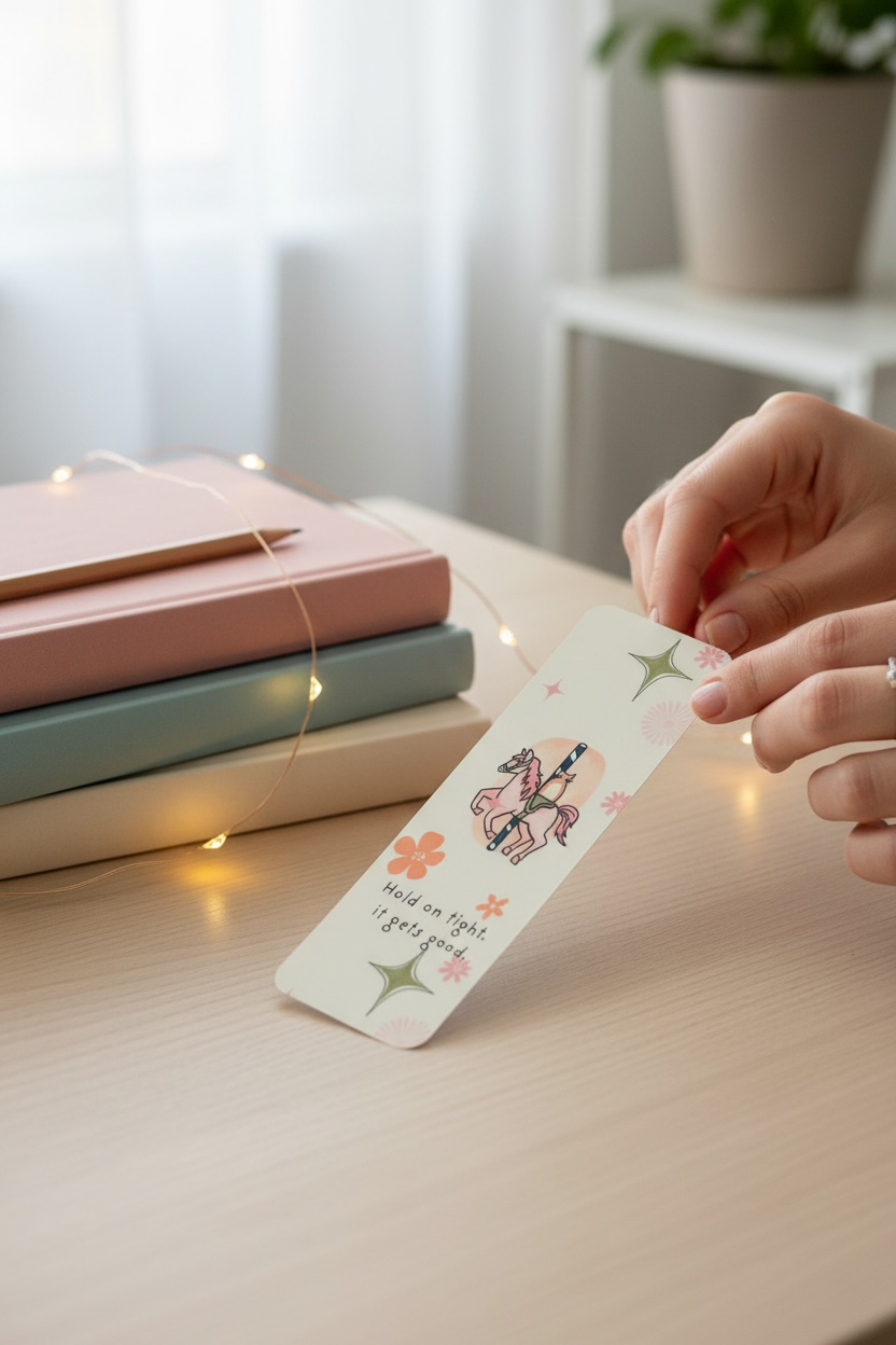 Carousel Cat Bookmark – “Hold On Tight, It Gets Good” – Cute Reading Bookmark