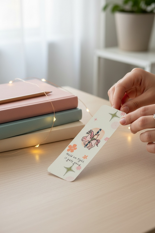 Carousel Cat Bookmark – “Hold On Tight, It Gets Good” – Cute Reading Bookmark