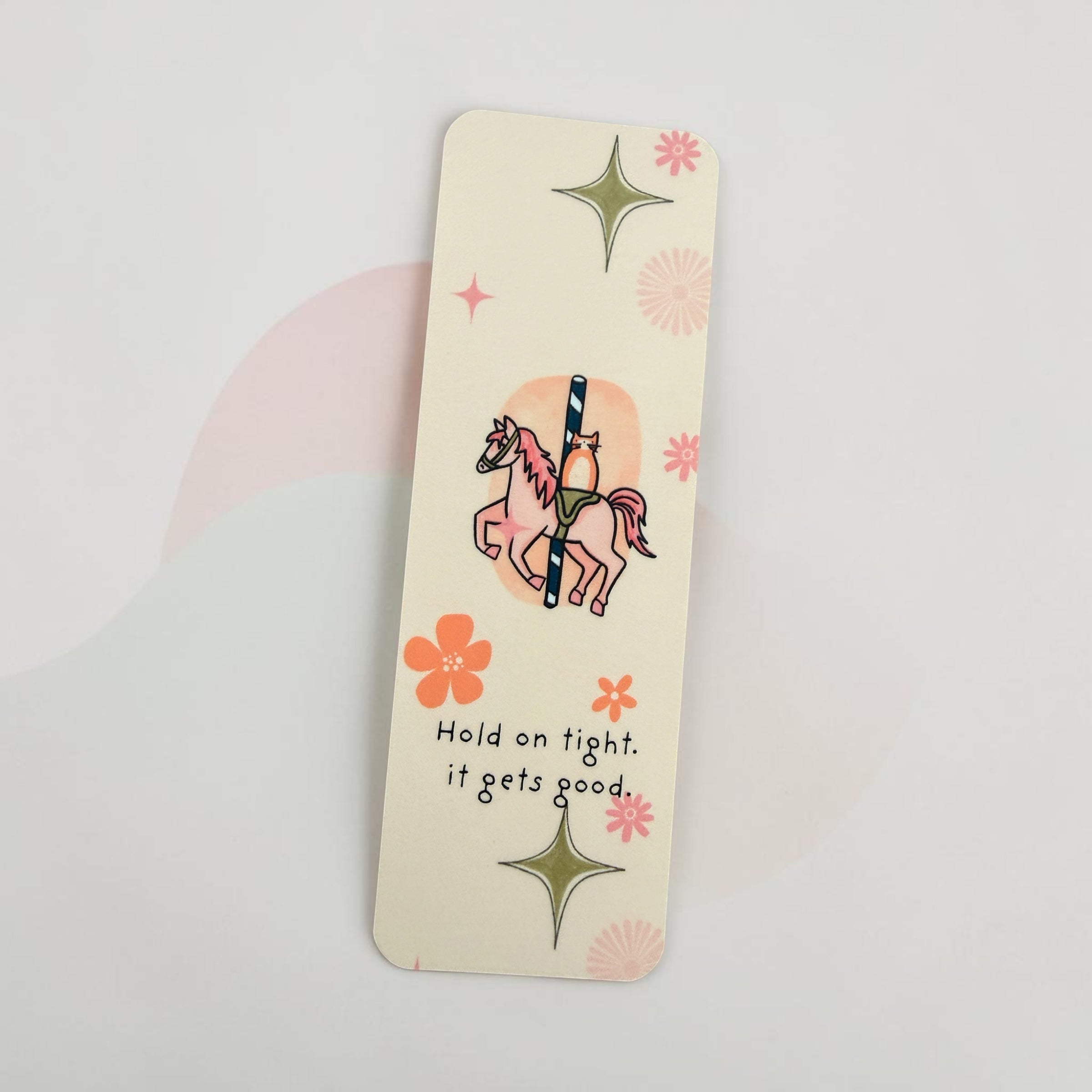 Carousel Cat Bookmark – “Hold On Tight, It Gets Good” – Cute Reading Bookmark