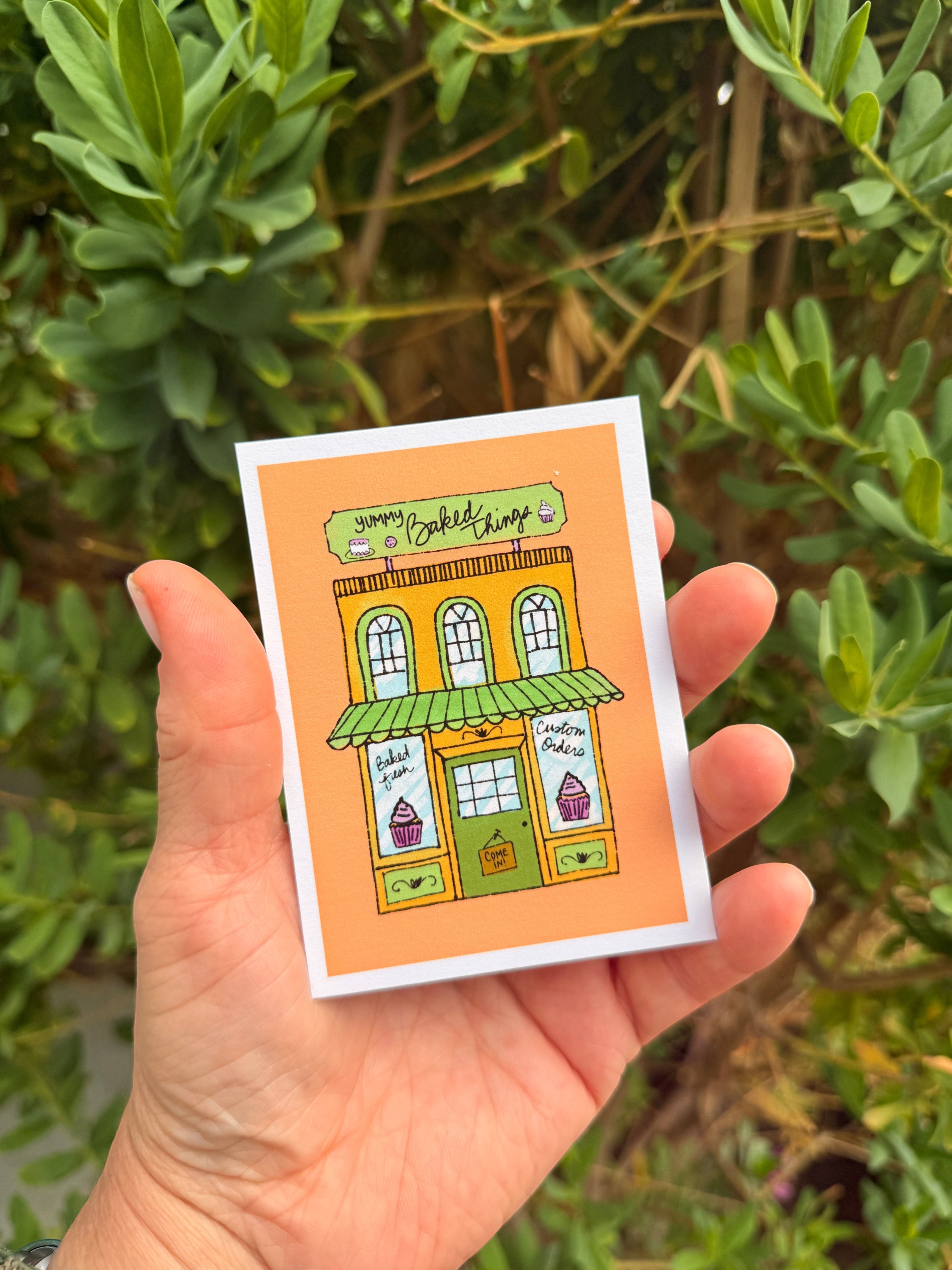 Yummy Baked Things Bakery ACEO | Mini Original Art Print | Artist Trading Card | Whimsical Storefront Illustration