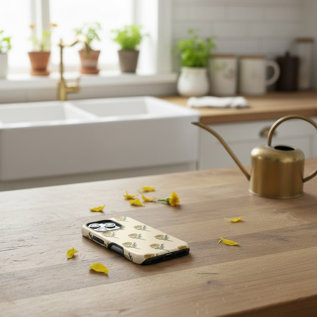 La Apau Creations phone case with hand-drawn yellow marigold floral print on a cream background, sitting on a table.