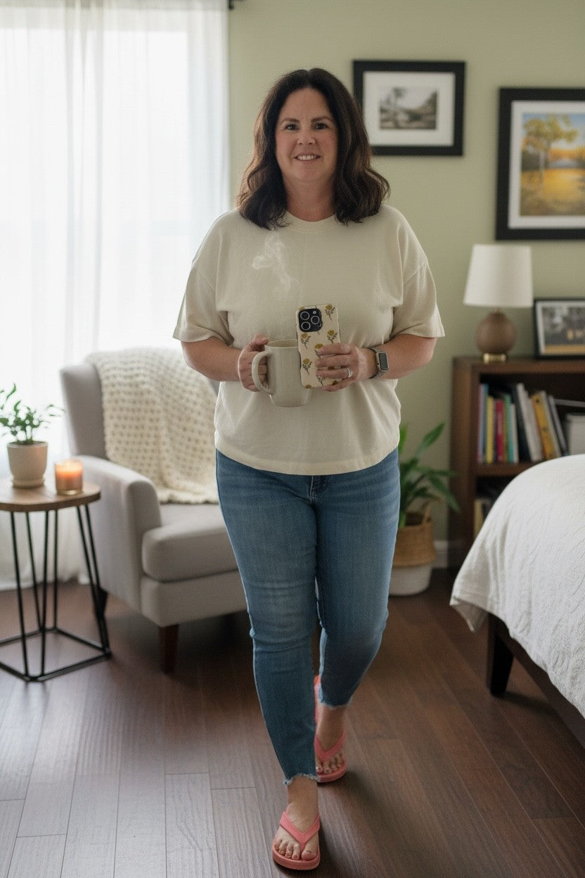 Woman holding a La Apau Creations marigold floral phone case while standing in a cozy living room with a coffee mug.