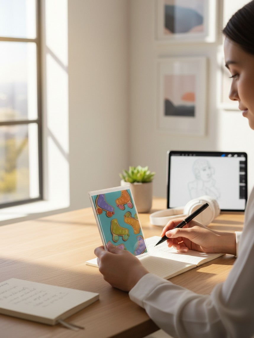 La Apau Creations Retro Skate Cookies card set held by a person writing at a sunlit desk with a digital tablet